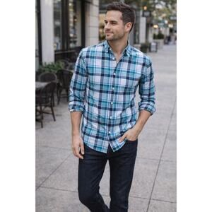 Express Fitted Plaid Button Up Shirt Blue Green Men’s Size 16-16.5